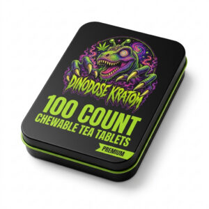 100 Count Chewable Tea Tablets - DinoDose Kratom kratom tablets, lab-tested with brand logo on white background