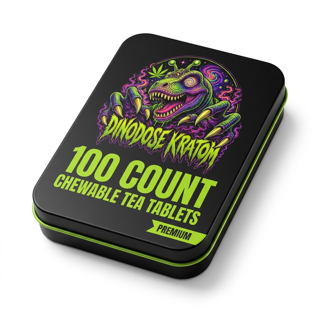 100 Count Chewable Tea Tablets - DinoDose Kratom kratom tablets, lab-tested with brand logo on white background