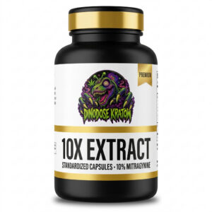 10X Extract Capsules (10% Standardized) - DinoDose Kratom kratom capsules, lab-tested with brand logo on white background
