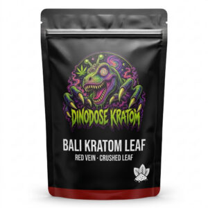 Bali Kratom Leaf (OGPC) - Crushed - DinoDose Kratom crushed kratom leaf, lab-tested with brand logo on white background