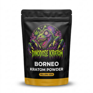 Borneo Kratom Powder (Yellow Vein) - DinoDose Kratom yellow vein kratom powder, lab-tested with brand logo on white background