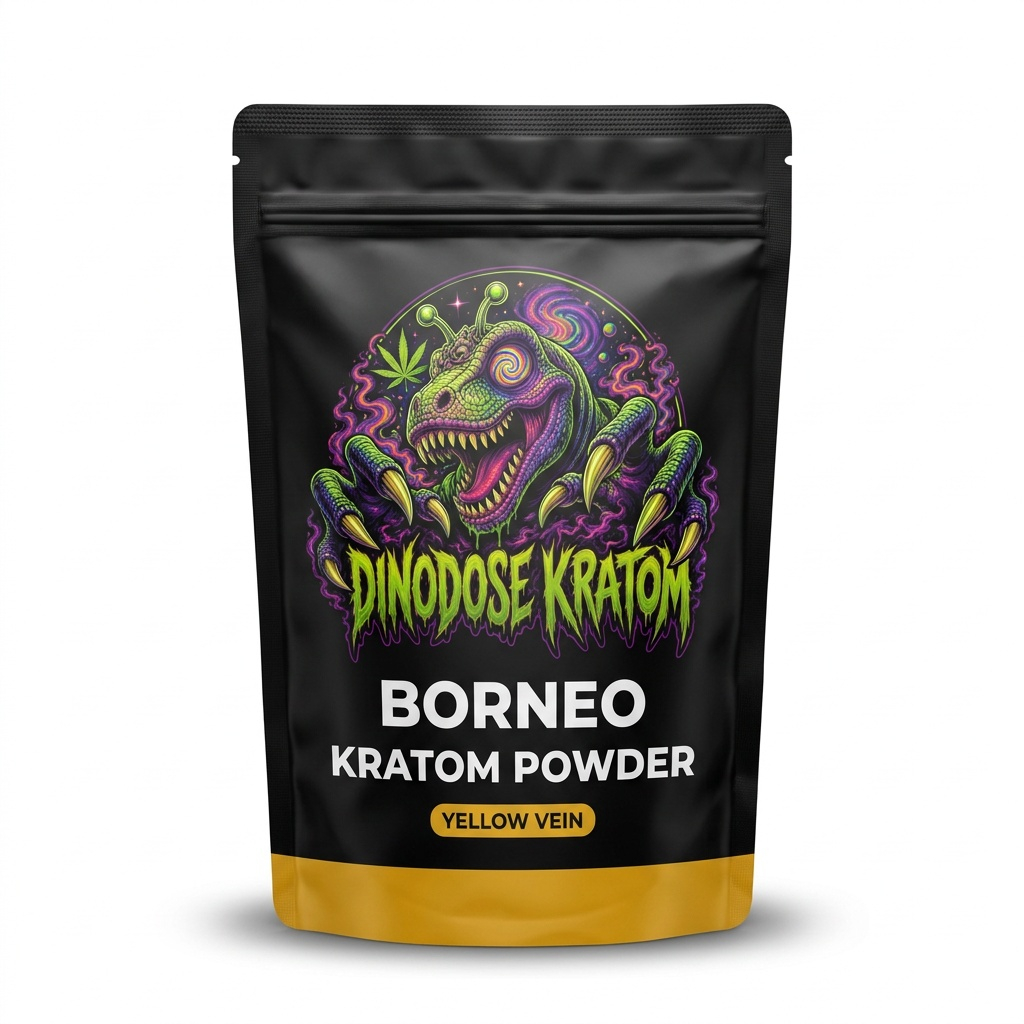 Borneo Kratom Powder (Yellow Vein) - DinoDose Kratom yellow vein kratom powder, lab-tested with brand logo on white background