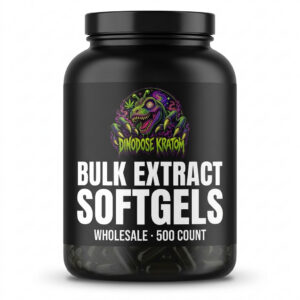 Bulk Kratom Extract Softgels (2) - DinoDose Kratom kratom softgels, lab-tested with brand logo on white background