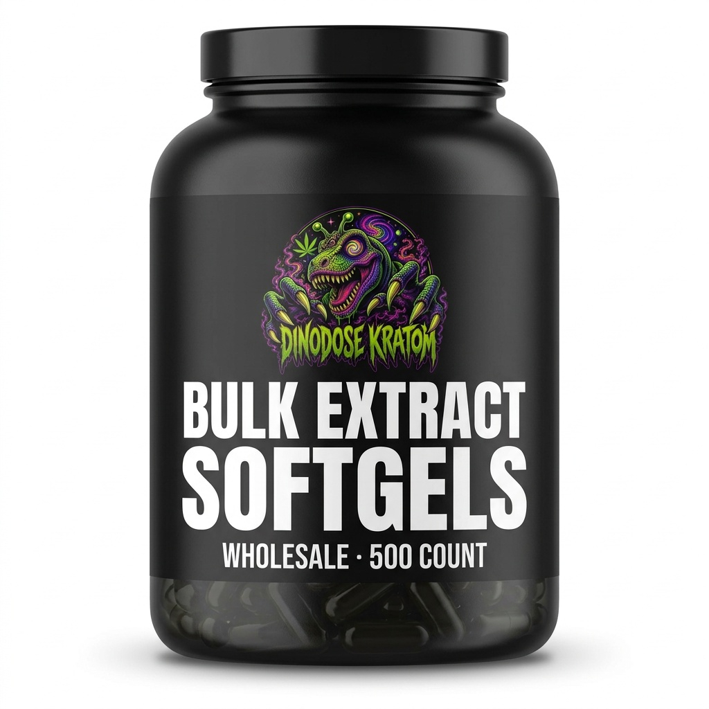 Bulk Kratom Extract Softgels (2) - DinoDose Kratom kratom softgels, lab-tested with brand logo on white background