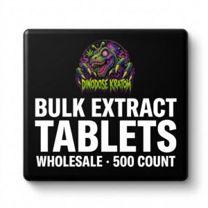 Bulk Kratom Extract Tablets - DinoDose Kratom kratom tablets, lab-tested with brand logo on white background