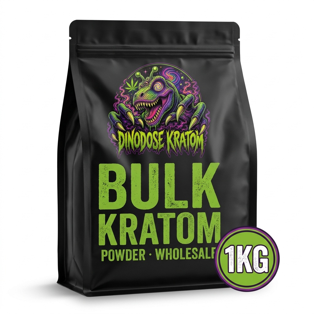 Bulk Kratom Powder - DinoDose Kratom kratom powder, lab-tested with brand logo on white background