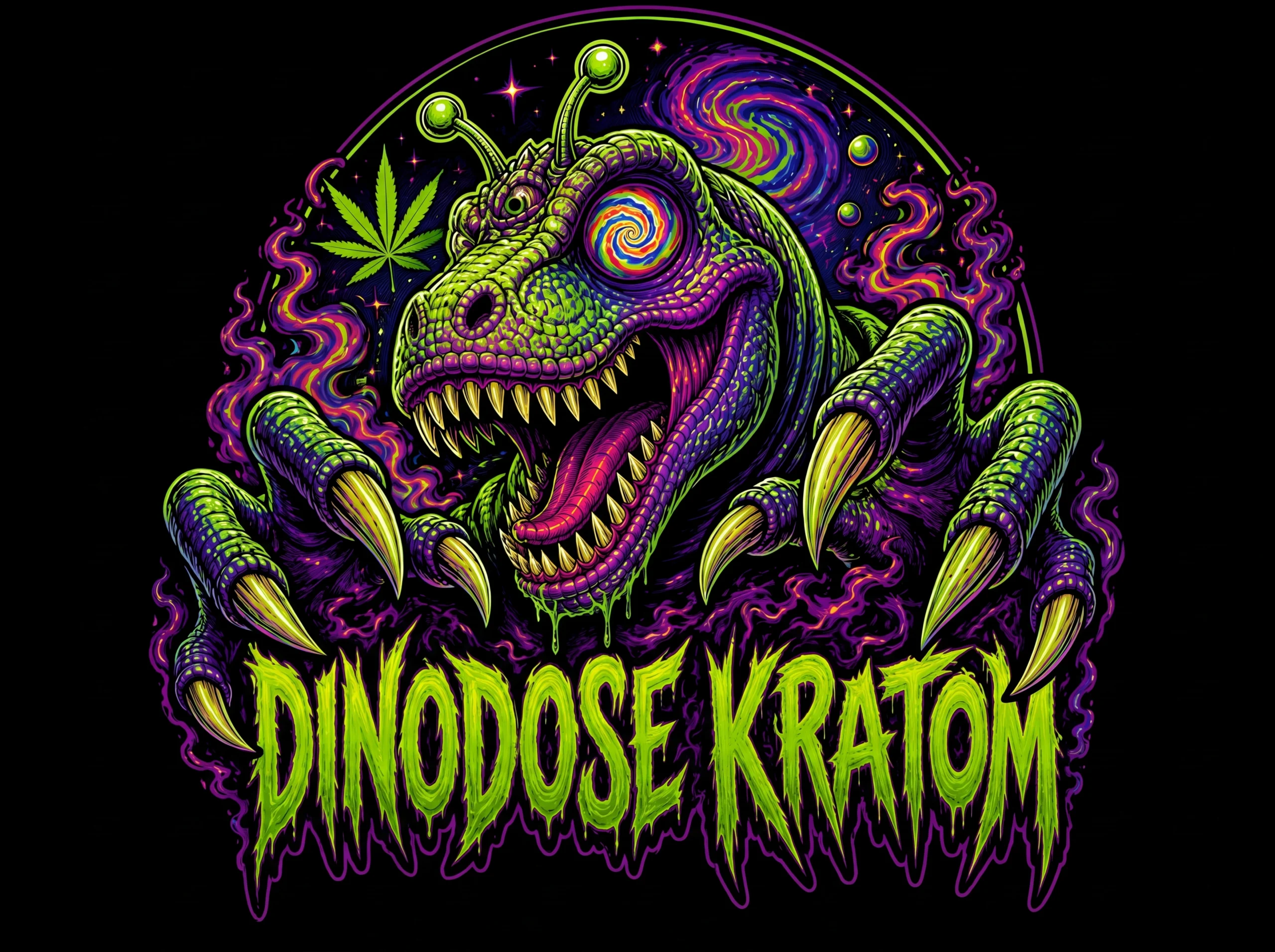 DinoDose Kratom logo - psychedelic dinosaur brand mark for premium lab-tested kratom