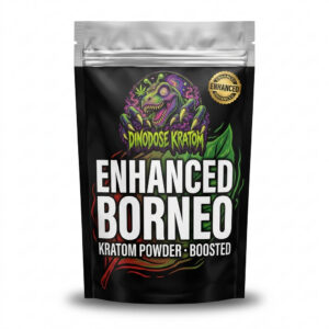 Enhanced Borneo Kratom - DinoDose Kratom kratom product, lab-tested with brand logo on white background