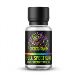 Full Spectrum Liquid Kratom Extract (FST - DinoDose Kratom liquid kratom extract shot, lab-tested with brand logo on white background
