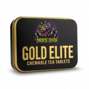 Gold Elite Chewable Tea Tablets - DinoDose Kratom kratom tablets, lab-tested with brand logo on white background