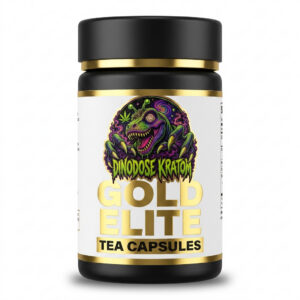 Gold Elite Tea Capsules - DinoDose Kratom kratom capsules, lab-tested with brand logo on white background