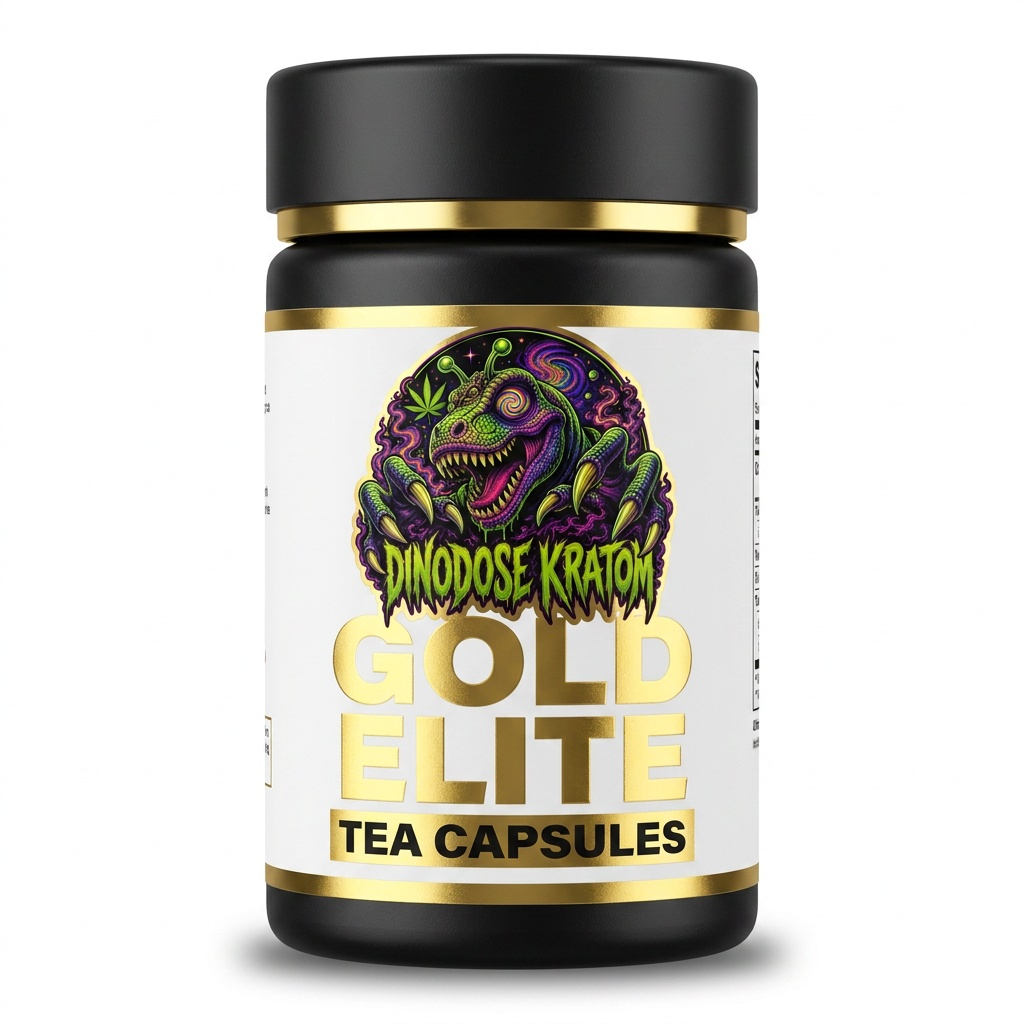 Gold Elite Tea Capsules - DinoDose Kratom kratom capsules, lab-tested with brand logo on white background