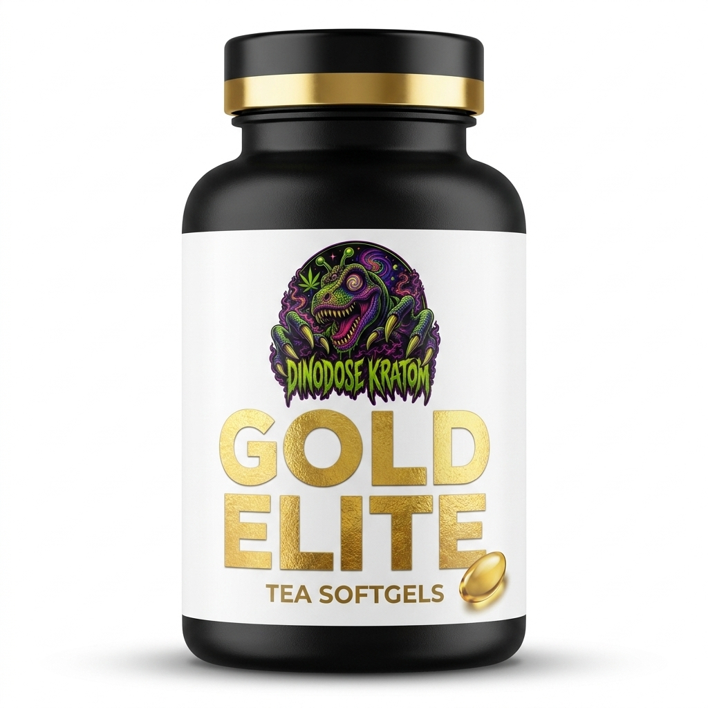 Gold Elite Tea Softgels - DinoDose Kratom kratom softgels, lab-tested with brand logo on white background