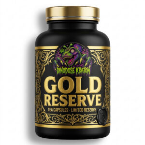 Gold Reserve Tea Capsules - DinoDose Kratom kratom capsules, lab-tested with brand logo on white background