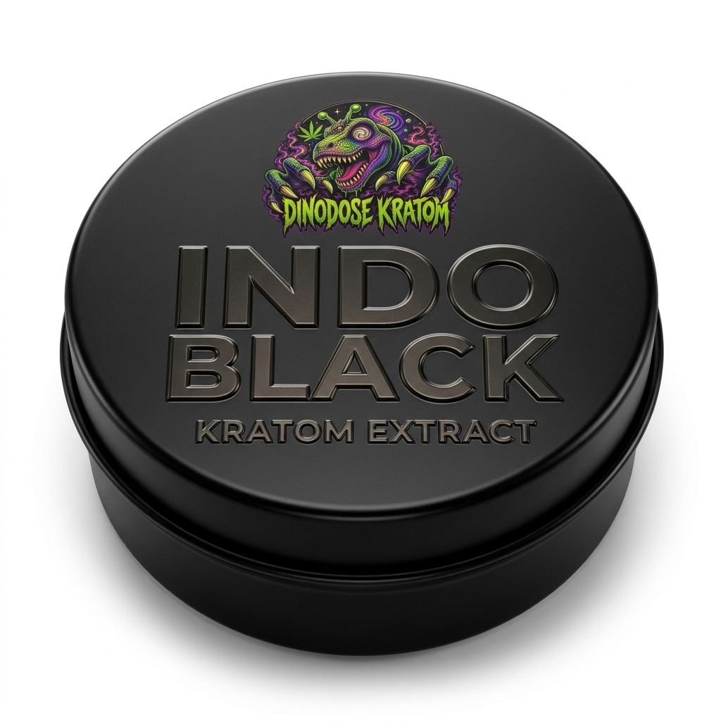Indo Black Kratom Extract - DinoDose Kratom green vein kratom extract, lab-tested with brand logo on white background