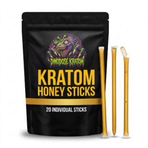 Kratom Honey Sticks - DinoDose Kratom kratom honey sticks, lab-tested with brand logo on white background