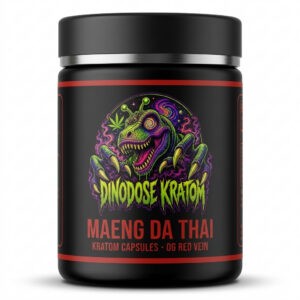 Maeng Da Thai Kratom Capsules (OG Red Vein) - DinoDose Kratom red vein kratom capsules, lab-tested with brand logo on white background