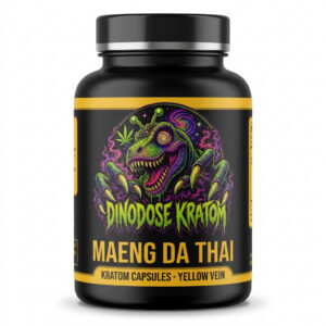 Maeng Da Thai Kratom Capsules (Yellow Vein) - DinoDose Kratom yellow vein kratom capsules, lab-tested with brand logo on white background
