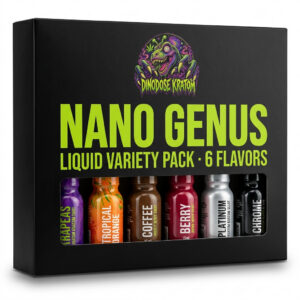 Nano Genus Liquid Variety Pack - DinoDose Kratom liquid kratom extract shot, lab-tested with brand logo on white background