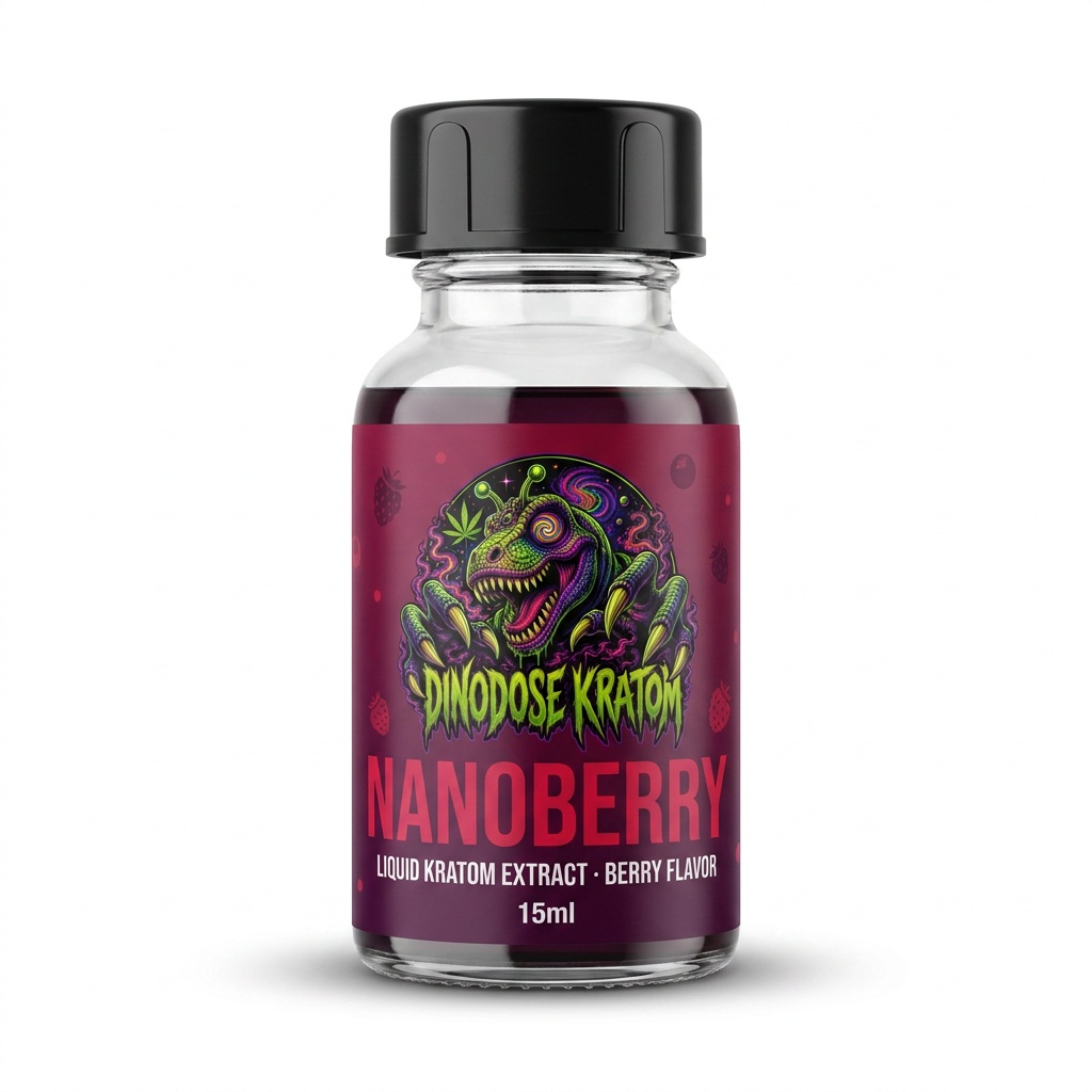 Nanoberry Liquid Kratom Extract - DinoDose Kratom liquid kratom extract shot, lab-tested with brand logo on white background