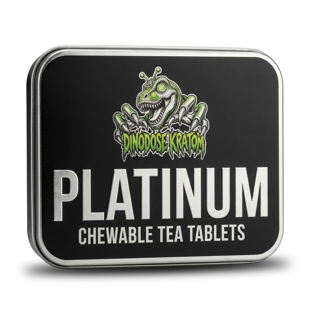 Platinum Chewable Tea Tablets - DinoDose Kratom kratom tablets, lab-tested with brand logo on white background