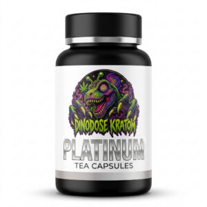 Platinum Tea Capsules - DinoDose Kratom kratom capsules, lab-tested with brand logo on white background