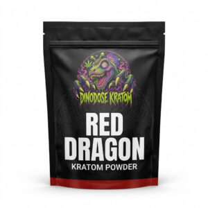 Red Dragon Kratom Powder - DinoDose Kratom kratom powder, lab-tested with brand logo on white background