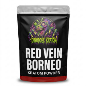 Red Vein Borneo Kratom Powder - DinoDose Kratom red vein kratom powder, lab-tested with brand logo on white background
