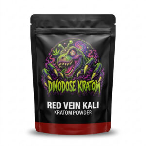 Red Vein Kali Kratom Powder - DinoDose Kratom red vein kratom powder, lab-tested with brand logo on white background