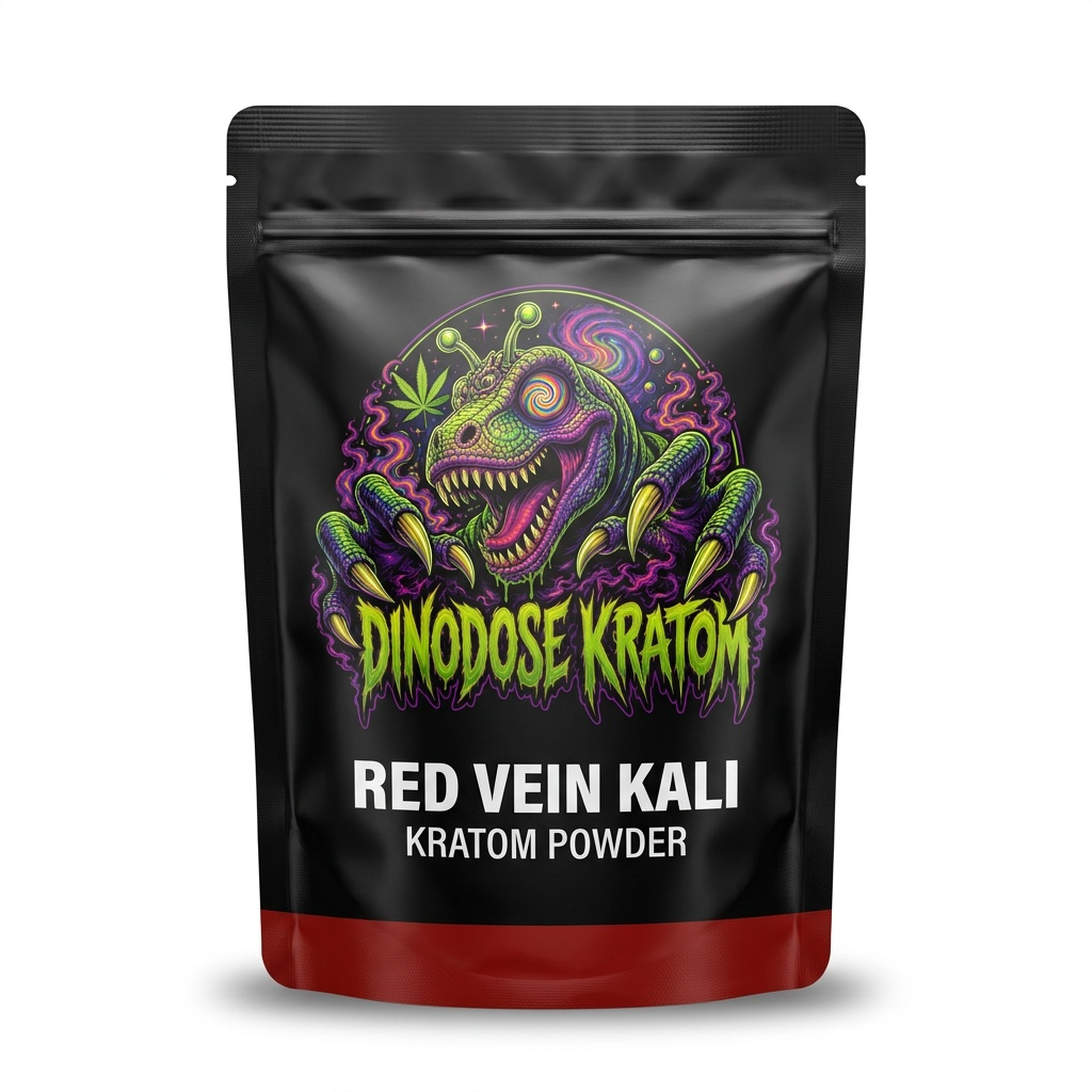Red Vein Kali Kratom Powder - DinoDose Kratom red vein kratom powder, lab-tested with brand logo on white background