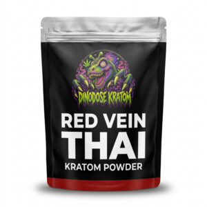 Red Vein Thai Kratom Powder - DinoDose Kratom red vein kratom powder, lab-tested with brand logo on white background