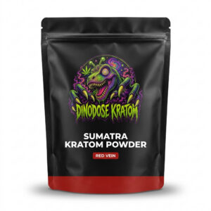 Sumatra Kratom Powder (Red Vein) - DinoDose Kratom red vein kratom powder, lab-tested with brand logo on white background