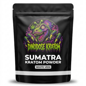 Sumatra Kratom Powder (White Vein) - DinoDose Kratom white vein kratom powder, lab-tested with brand logo on white background