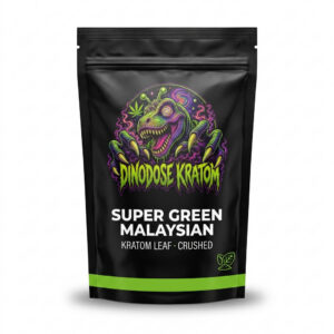 Super Green Malaysian Kratom Leaf - DinoDose Kratom green vein crushed kratom leaf, lab-tested with brand logo on white background