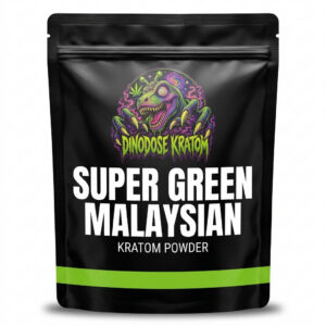 Super Green Malaysian Kratom Powder - DinoDose Kratom green vein kratom powder, lab-tested with brand logo on white background