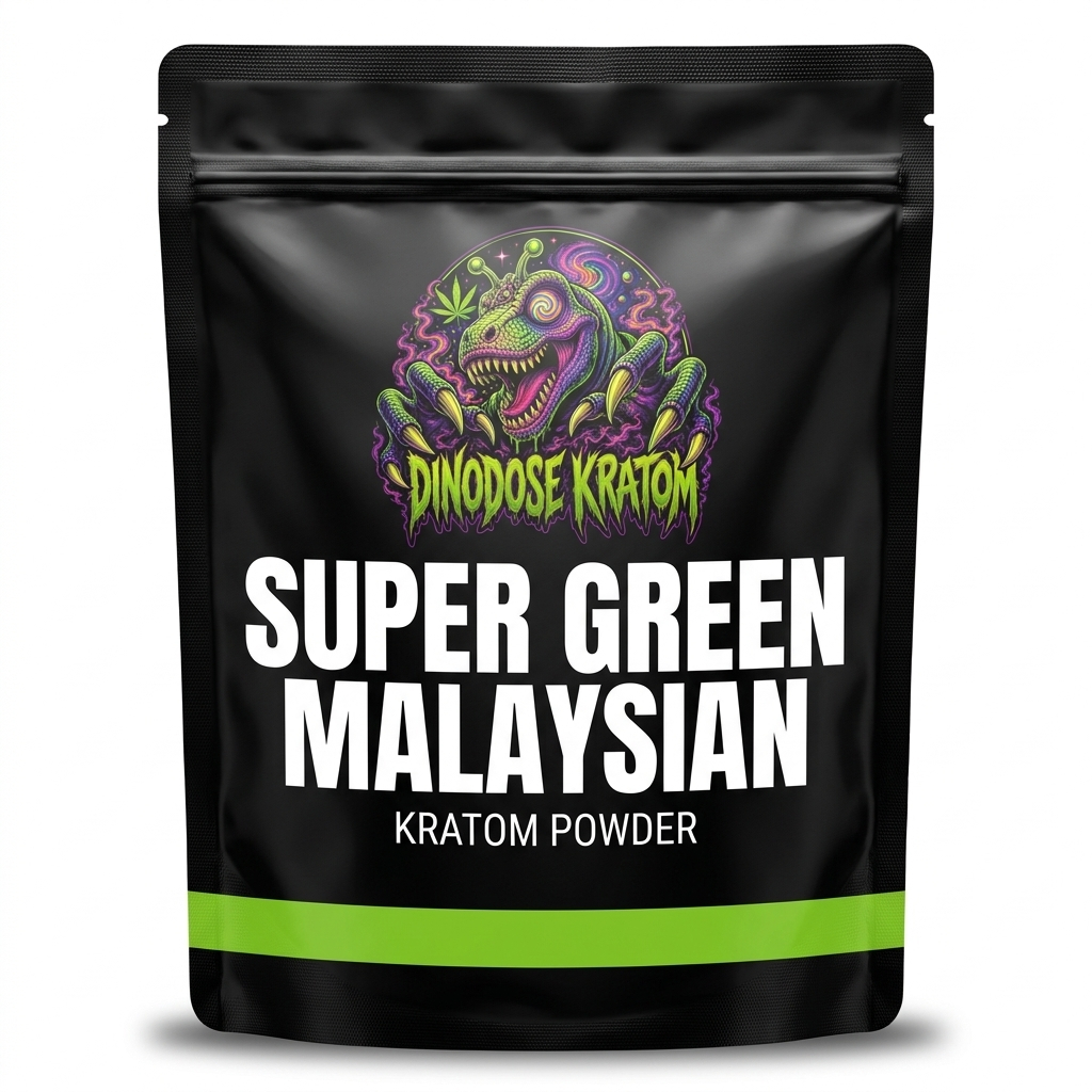 Super Green Malaysian Kratom Powder - DinoDose Kratom green vein kratom powder, lab-tested with brand logo on white background