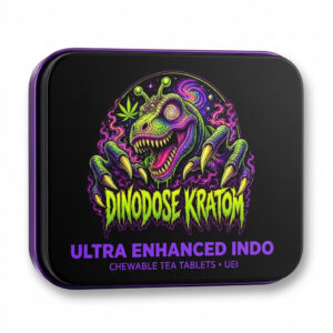 Ultra Enhanced Indo Chewable Tea Tablets (UEI) - DinoDose Kratom green vein kratom tablets, lab-tested with brand logo on white background