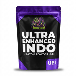 Ultra Enhanced Indo Kratom Powder (UEI) - DinoDose Kratom green vein kratom powder, lab-tested with brand logo on white background