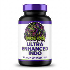 Ultra Enhanced Indo Kratom Softgels (UEI) - DinoDose Kratom green vein kratom softgels, lab-tested with brand logo on white background