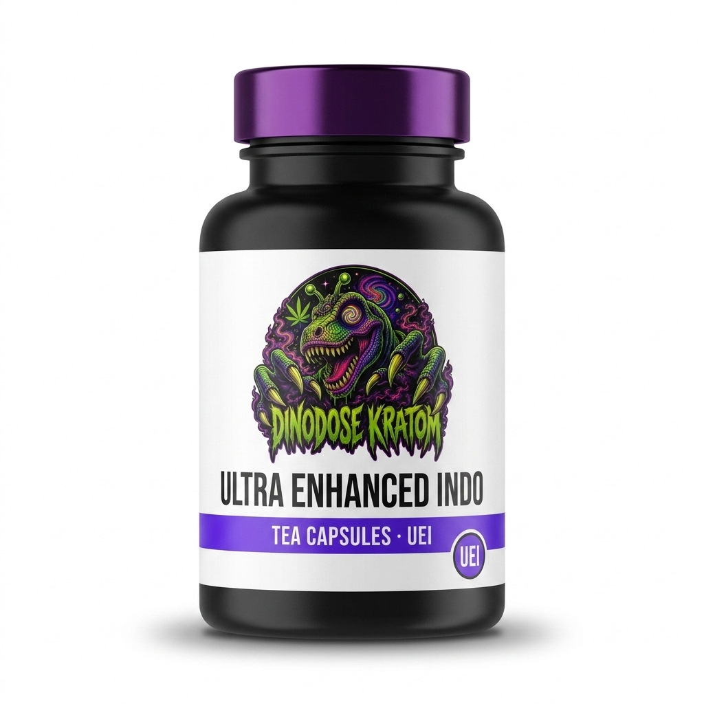 Ultra Enhanced Indo Tea Capsules (UEI) - DinoDose Kratom green vein kratom capsules, lab-tested with brand logo on white background