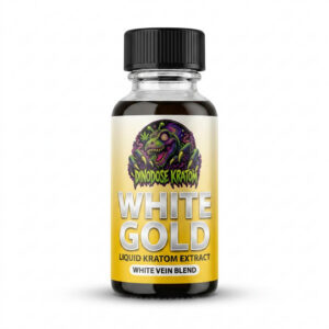White Gold Liquid Kratom Extract - DinoDose Kratom liquid kratom extract shot, lab-tested with brand logo on white background