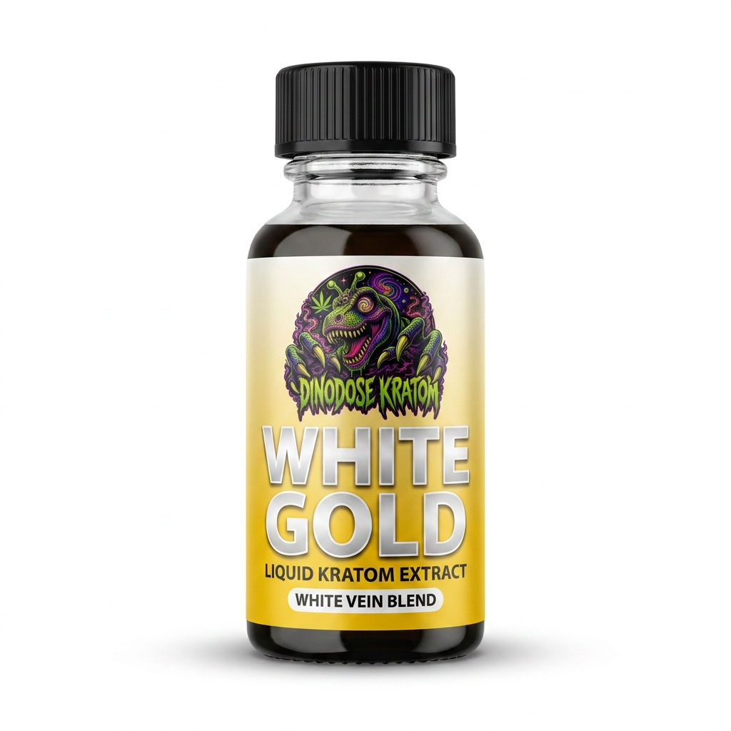 White Gold Liquid Kratom Extract - DinoDose Kratom liquid kratom extract shot, lab-tested with brand logo on white background