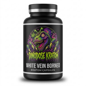 White Vein Borneo Kratom Capsules - DinoDose Kratom white vein kratom capsules, lab-tested with brand logo on white background