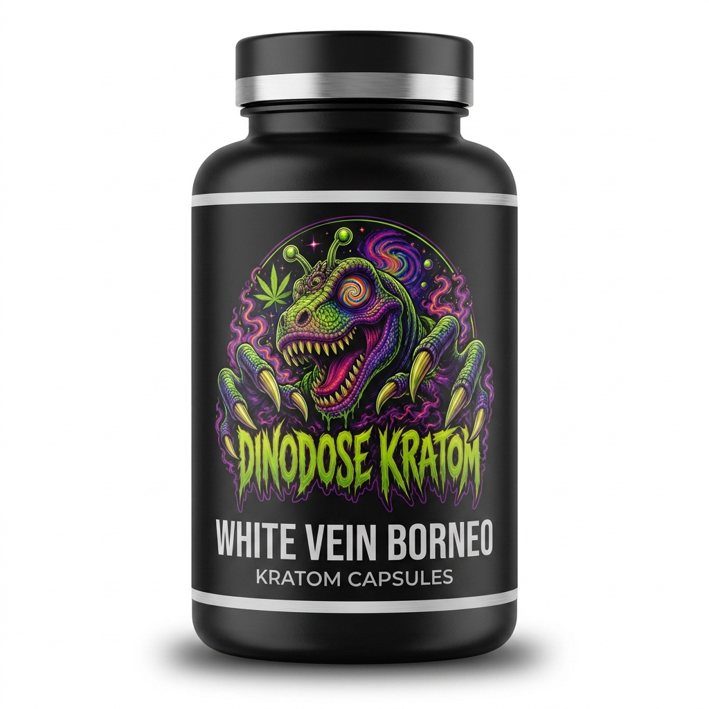 White Vein Borneo Kratom Capsules - DinoDose Kratom white vein kratom capsules, lab-tested with brand logo on white background