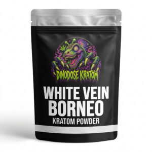 White Vein Borneo Kratom Powder - DinoDose Kratom white vein kratom powder, lab-tested with brand logo on white background
